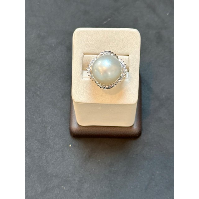 16MM Round White South Sea Pearl Diamond Platinum Halo Sunburst Ring For Sale - Image 9 of 18