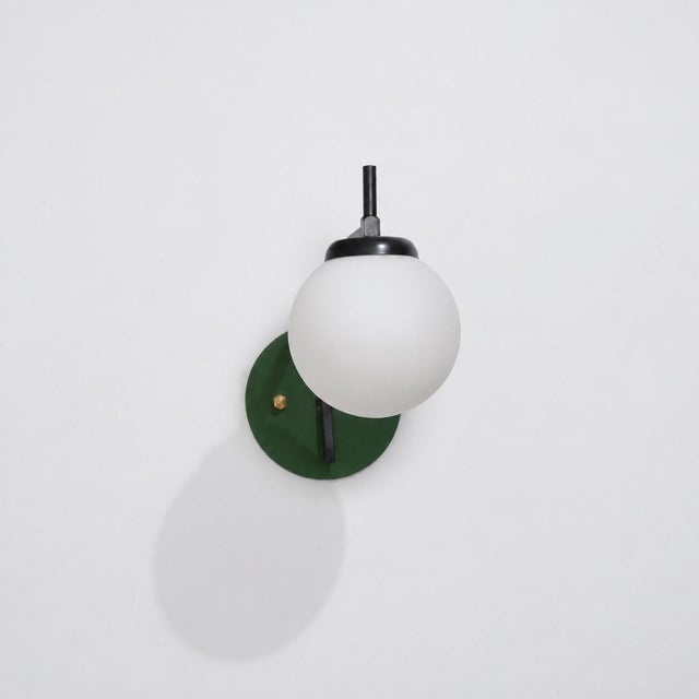 Mid-Century Modern Vintage Italian Curved Wall Sconce with Opaline Globe and Green Backplate, 1950s For Sale - Image 3 of 9