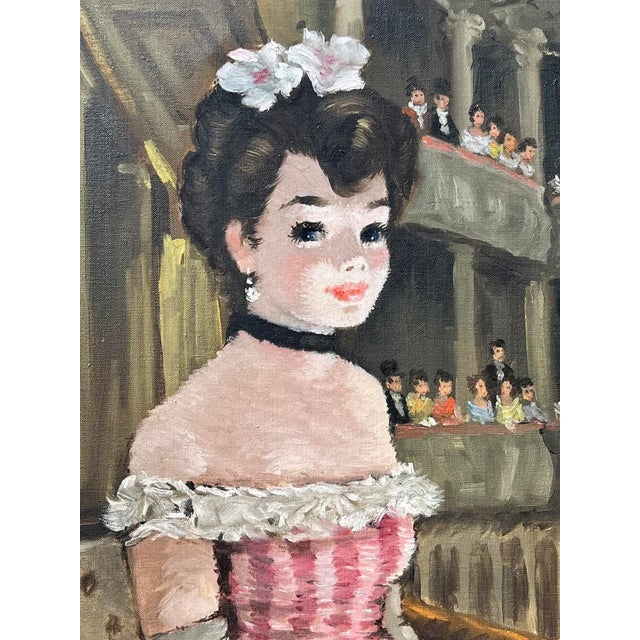 Original French Oil Painting Girl at the Opera by M. Valmain C.1950 Mid Century For Sale - Image 4 of 8