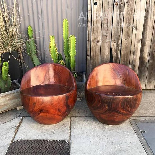 For your consideration a pair of round chairs constructed of solid block of exotic wood, unsure of the wood name, however...