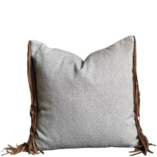 Textured linen blend trimmed with a vintage real suede leather fringe in tan. Size 45 cm × 45 cm | 17.7" × 17.7" Front...