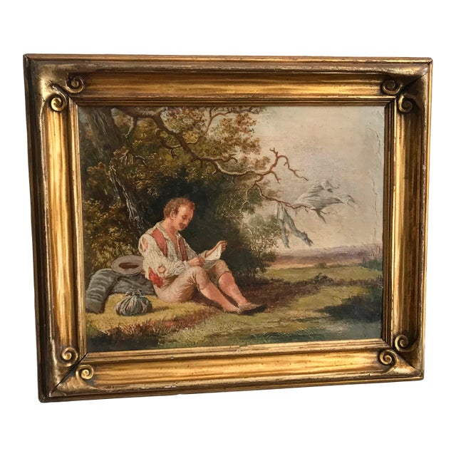 19th Italian Oil on Canvas in Period Gilt Frame. “Boy Reading Book Under a Tree” For Sale