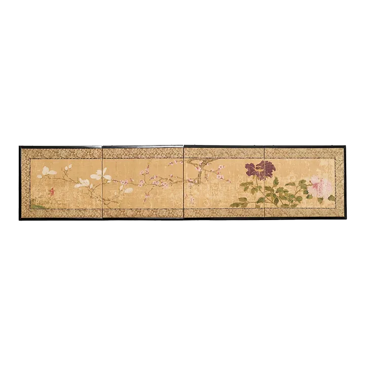 Japanese Edo Four Panel Screen Flowering Peony Prunus Magnolia