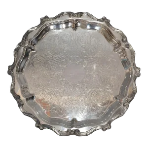 1940s Round Wallace La Reine Scalloped Footed Silver Plate Platter Tray Serving Plate