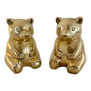 Vintage Polished Brass Teddy Bear Figurine Bookends, a Pair For Sale