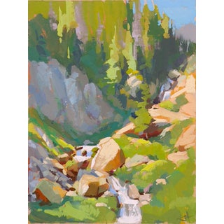 With the Flow by Judd Mercer | Gouache Landscape with a flowing stream and rocky terrain For Sale