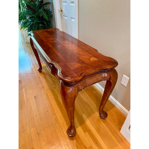 1990s Traditional French Provincial Style Inlaid Burl Wood Coffee & Sofa Table Set - 2 Pieces For Sale - Image 9 of 11