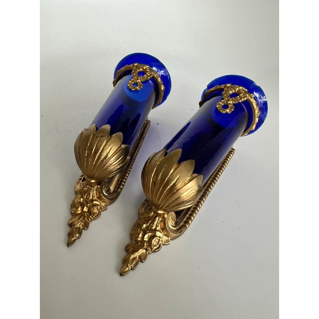 Cristalleries De Sevres Antique Late 19th Exquisite Louis Philippe French Wall Sconces With Sèvres-Style Cobalt Blue Glass Vases Gilded Ormolu Mounts, a Pair For Sale - Image 4 of 12