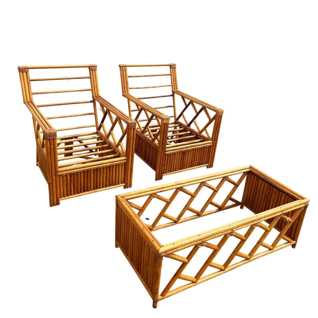 Heywood Wakefield "Oak Rattan" Lounge Chair Pair W/ Coffee Table For Sale - Image 11 of 13