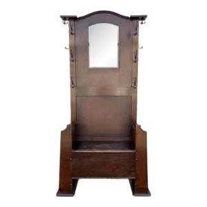 Mid 1800s Early American Tavern Style Oak Hall Tree or Hall Seat