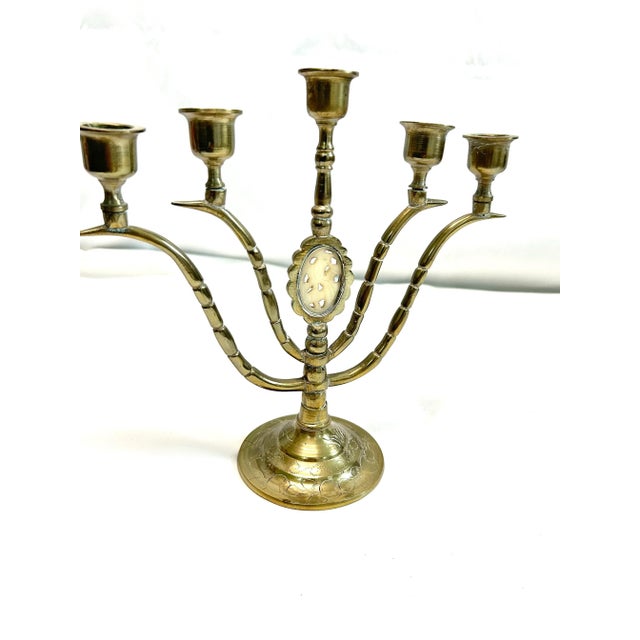 Gold Pair Hollywood Regency Brass 5-Arm Candelabras With Carved Bone Medallions – Vintage Brass Candle Holders For Sale - Image 8 of 12