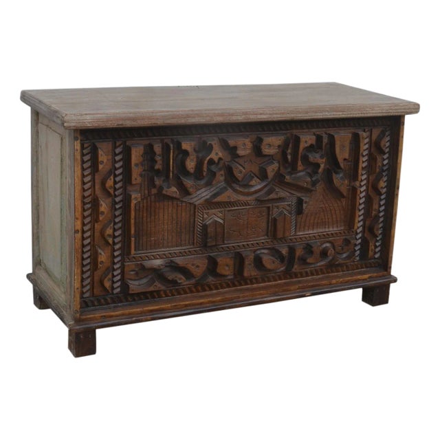 Reclaimed Teak Wood Trunk With Hand Carved Design. For Sale