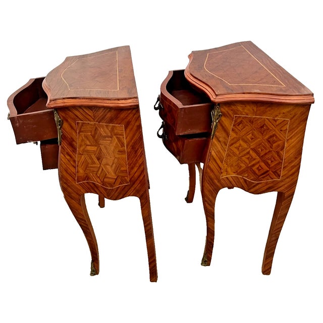 Antique Pair of French Nightstand Tables, Two Drawers, Inlays, Brass Ormolu For Sale In Palm Springs - Image 6 of 11