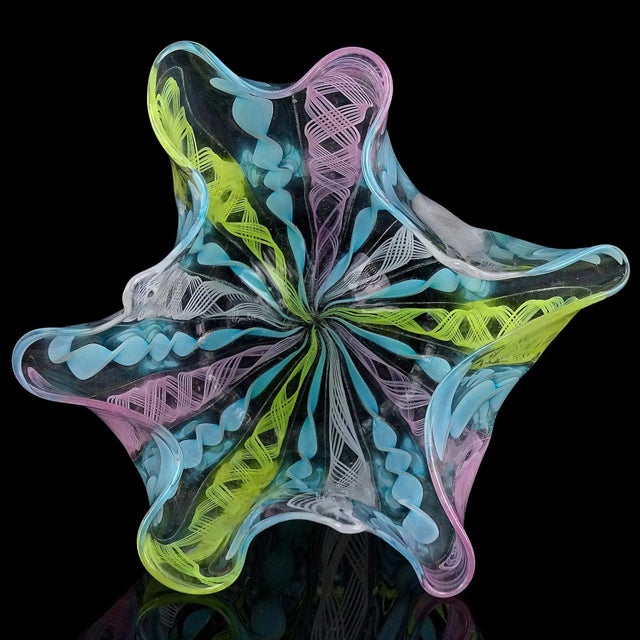 Sky Blue Vintage Murano Pink Yellow Blue Pastel Colors Italian Art Glass Fazzoletto Handkerchief Decorative Vase For Sale - Image 8 of 8