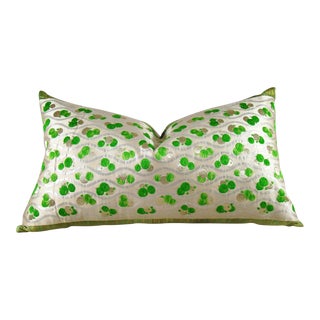 Modern Green & White Floral Japanese Silk Obi Pillow Cover For Sale