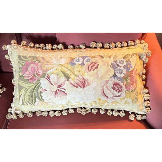 French Provincial Antique 18th Century French Aubusson Tapestry Pillow With Passementerie Trim and Ball Tassel Fringe For Sale - Image 3 of 16