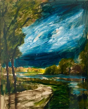 Roger Etienne, Mid Century Modernist French Painting Landscape With Forest, River, Path, c.1950s