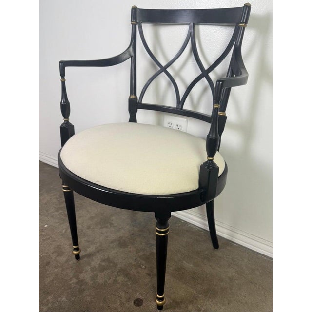 Early 21st Century Set of Twelve Regency-Style Ebonized Dining Chairs With Linen Seats For Sale - Image 5 of 11