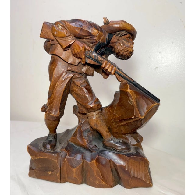 Share Antique Hand Carved Wood Folk Art Hunting Man With Rifle Sculpture Statue Figure For Sale - Image 4 of 14