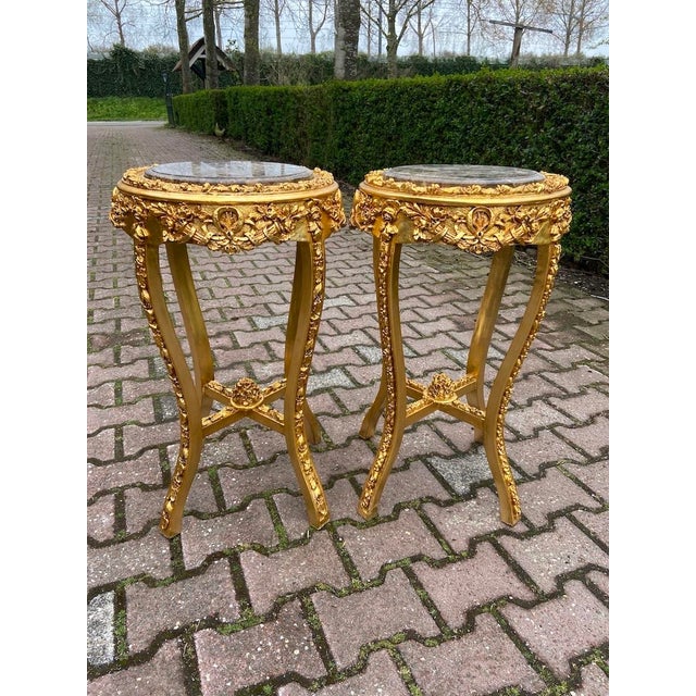1980s French Louis XVI Gold Gray Marble Side Tables - Pair For Sale - Image 10 of 10