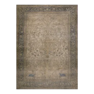 Tan Color Artistic Animal Tree of Life Design Fine Antique 19th Century Persian Mohtasham Kashan Carpet ( 7' 7'' X 10' 3'' - 232 X 313 )