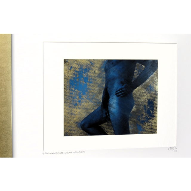 Mid-Century Modern Male Nude Photography Hand Tinted Blue on Gold Leaf Paper, Framed, Original by C. Damien Fox For Sale - Image 3 of 4