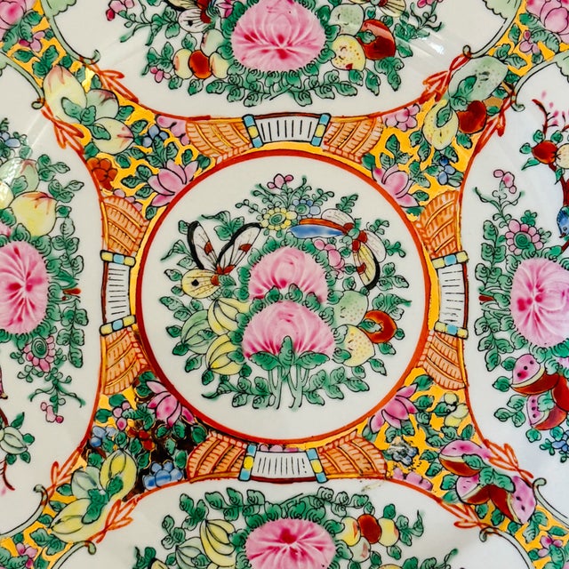 Vintage Famille Rose Hand-Painted Canton Porcelain Plate For Sale - Image 4 of 6