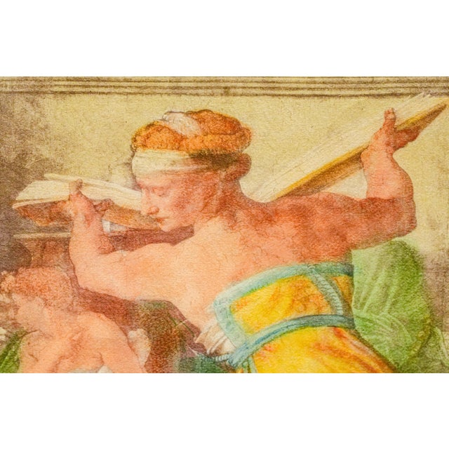 Grand Tour Neoclassical Antique Painted Watercolor Effect Michaelangelo Framed Sistine Chapel Art History Libica Grand Tour For Sale - Image 3 of 17