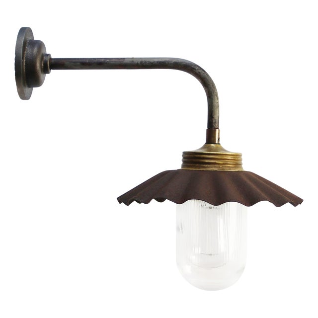 Vintage Industrial Rust Iron and Brass Sconce with Clear Striped Glass For Sale