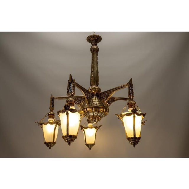 Art Deco Bronze and Frosted White Glass Five-Light Chandelier, France, 1925 For Sale - Image 3 of 18