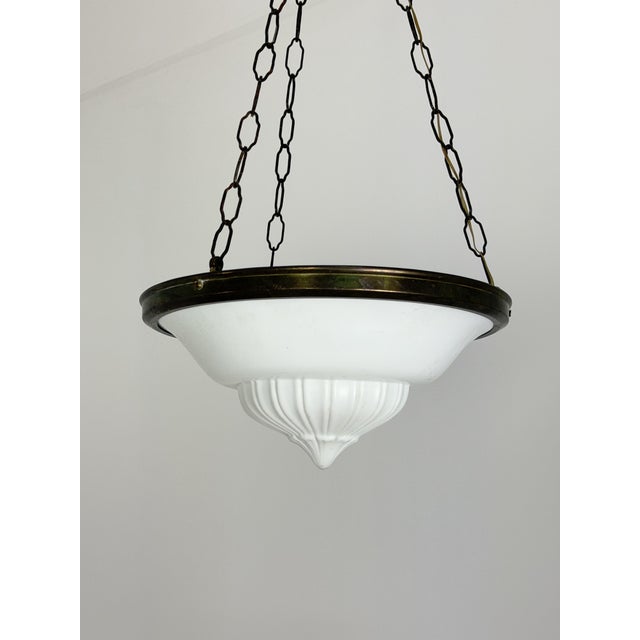 Art Deco Pendant Lamp in Brass and Milk Glass, 1940s For Sale - Image 4 of 10