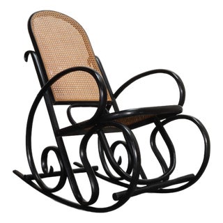 Vintage Thonet Ebonized Bentwood and Rattan Rocking Chair For Sale