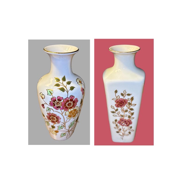 Two (2) Vintage Hand Painted Porcelain Bud Vases by Zsolnay. Certificates of authenticity included. Lovely in soft ivory...