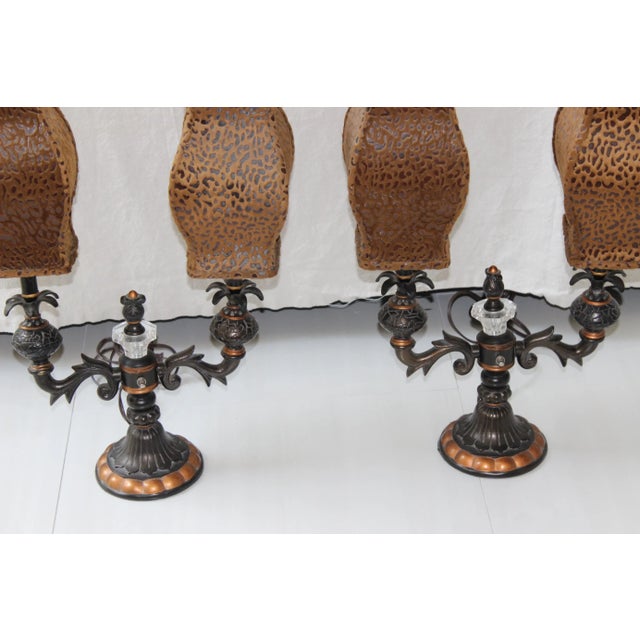 Hollywood Regency Candelabra Lamps Cheetah Leopard Shades - a Pair For Sale In Columbus - Image 6 of 10