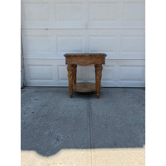 Brown Late 20th Century French Louis XVI Style Carved Wood & Marble Glass Top Round Side Table For Sale - Image 8 of 11