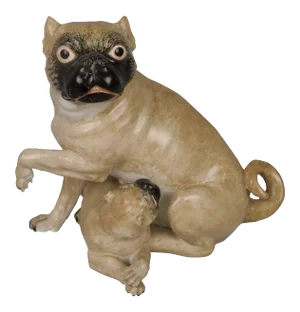 Antique Chamberlain Worcester English Porcelain Pug Mother Dog & Puppy Figurine