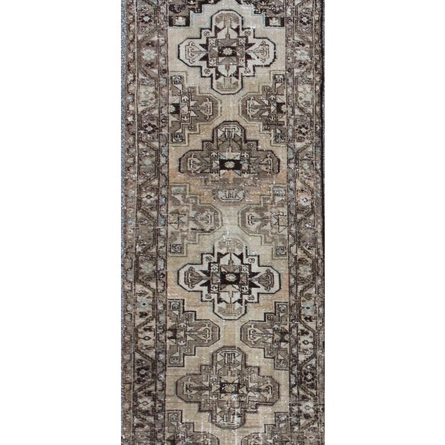 Antique Persian Hamadan Runner With Geometric Medallion Design in Neutral Tones For Sale - Image 4 of 7