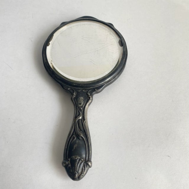 Early 20th Century Art Nouveau Vanity Hand Mirror Floral Silver Plated Distressed Antique Finish For Sale - Image 5 of 12