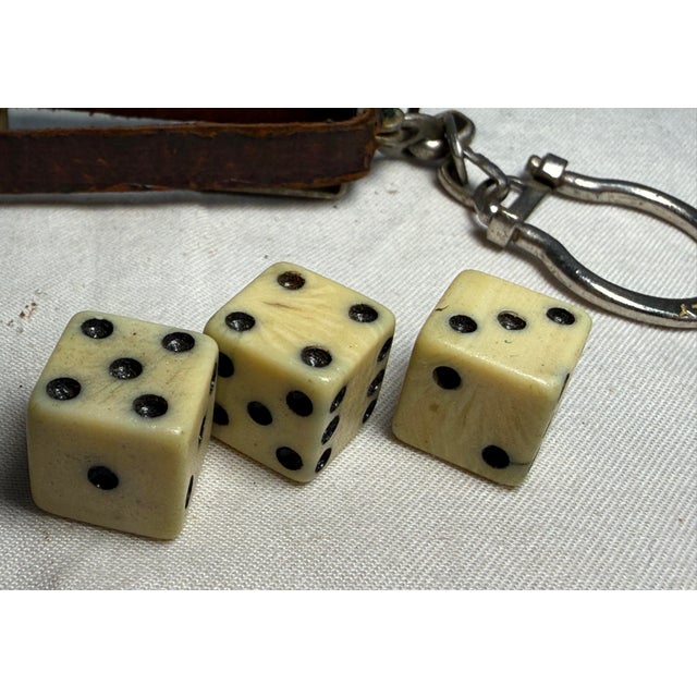 American Antique Leather Metal 3 Celluloid Dice Box Holder Travel Carrier Keychain For Sale - Image 3 of 9
