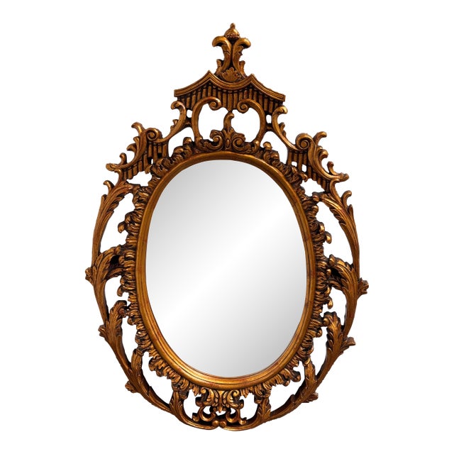 Mexican Rococo Revival Oval Gold Finish Wall Mirror, Late 20th Century For Sale