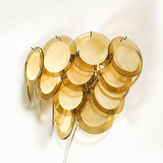 Modern Pair of Modernist 14-Disc Sconces in Hand-Blown Murano Topaz Glass For Sale - Image 3 of 15