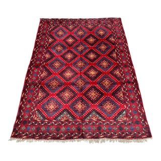 Hand-Knotted Crimson Red and Navy Blue Allover Geometric Wool Area Rug, 6'9" X 4'10" For Sale