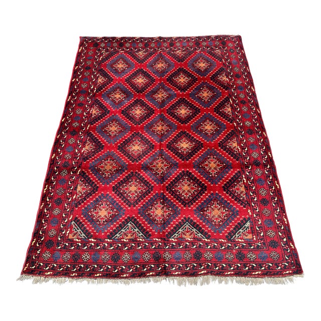 Hand-Knotted Crimson Red and Navy Blue Allover Geometric Wool Area Rug, 6'9" X 4'10" For Sale