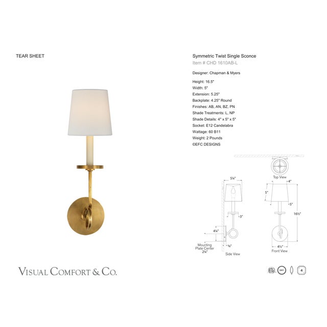 Transitional Chapman & Myers for Visual Comfort Signature Symmetric Twist Single Sconce in Antique-Burnished Brass with Linen Shade For Sale - Image 3 of 5