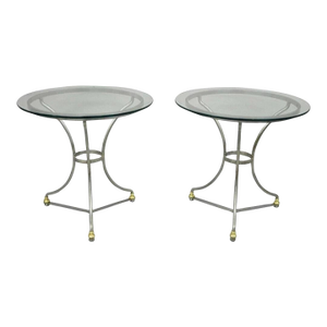 Italian Neoclassical Maison Jansen Style Steel & Brass Round End Tables - A Pair