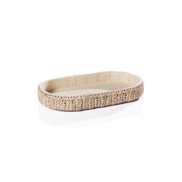 Textile Reggio Loom Oval Raffia Tray with Leather Trim, Small For Sale - Image 7 of 7