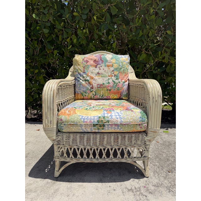 Henry Link Vintage Henry Link Distressed Painted Wicker Armchair For Sale - Image 4 of 12
