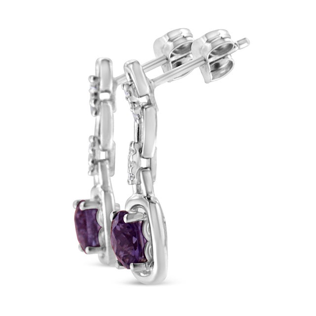 Contemporary .925 Sterling Silver 6x6MM Cushion Shaped Natural Purple Amethyst and Diamond Accent Drop and Dangle Earrings , A Pair For Sale - Image 3 of 5