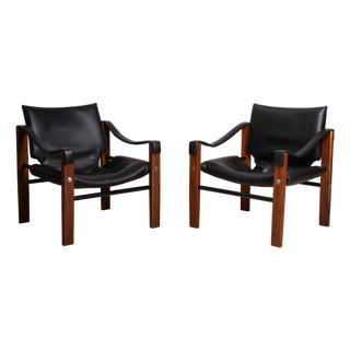 Vintage Leather and Wood Safari Armchairs by Maurice Burke for Arkana, Set of 2 For Sale