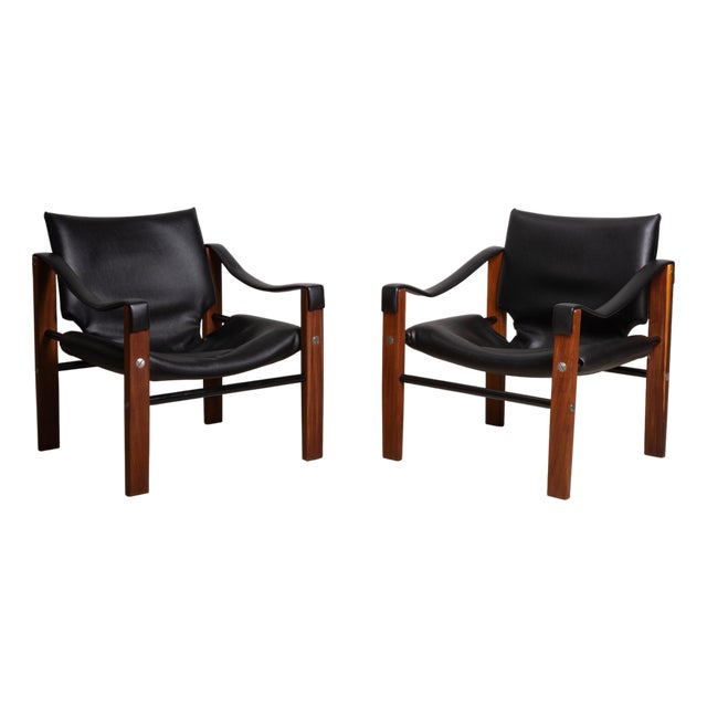 Vintage Leather and Wood Safari Armchairs by Maurice Burke for Arkana, Set of 2 For Sale